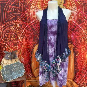 GUESS Purple Tie-Dye Halter Dress/Skirt & Blue Boho Vest Set | Size S/M